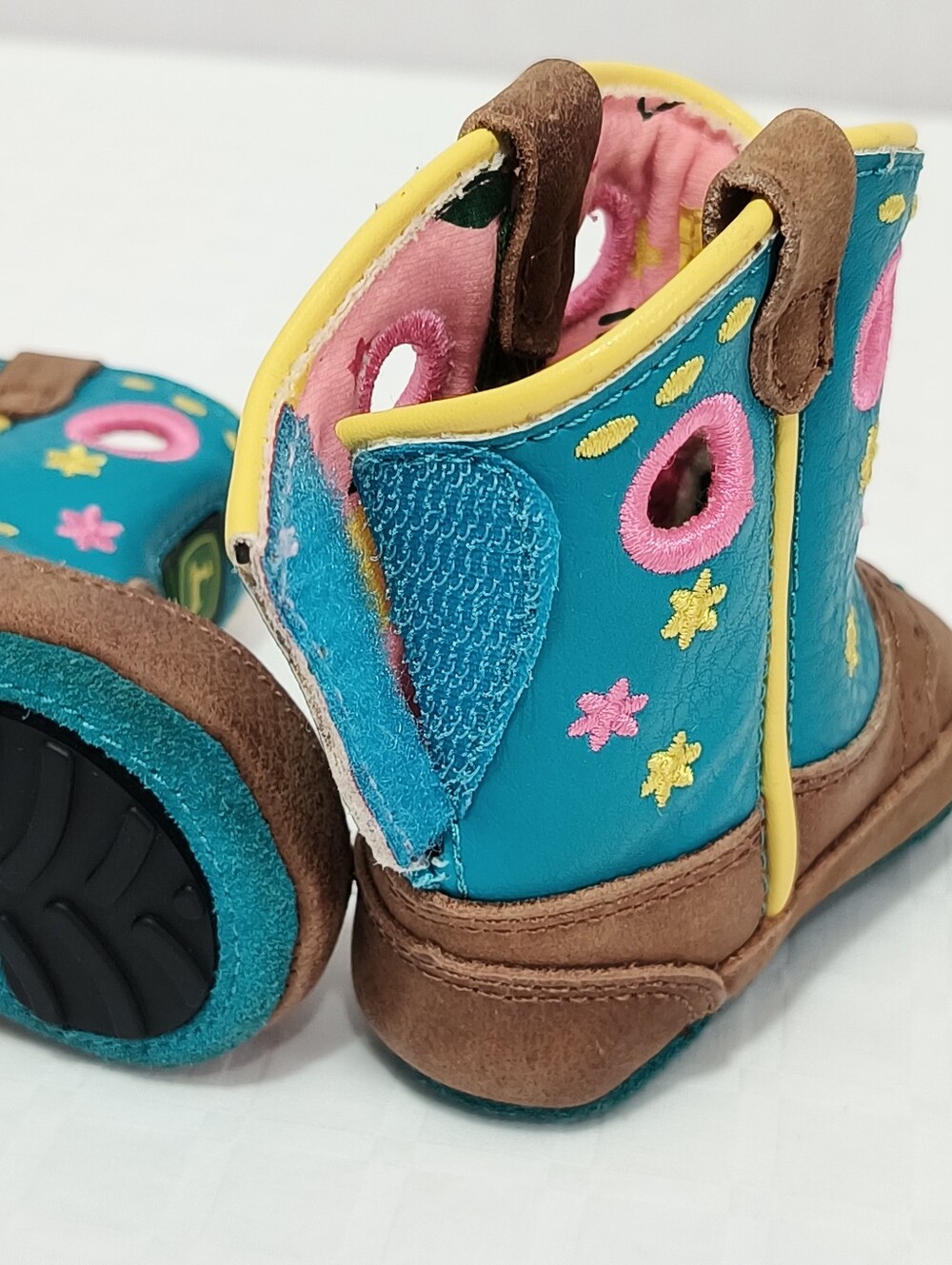 John Deere Brown & Teal Toddler Western Boots with Pink & Yellow Accents - Picture 7 of 8